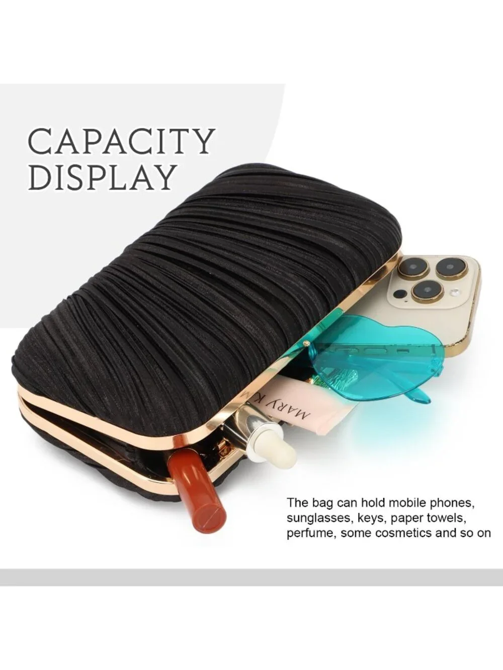 👜 Women's Black Evening Bag Pleated Clutch Bag with Chain for Wedding Party